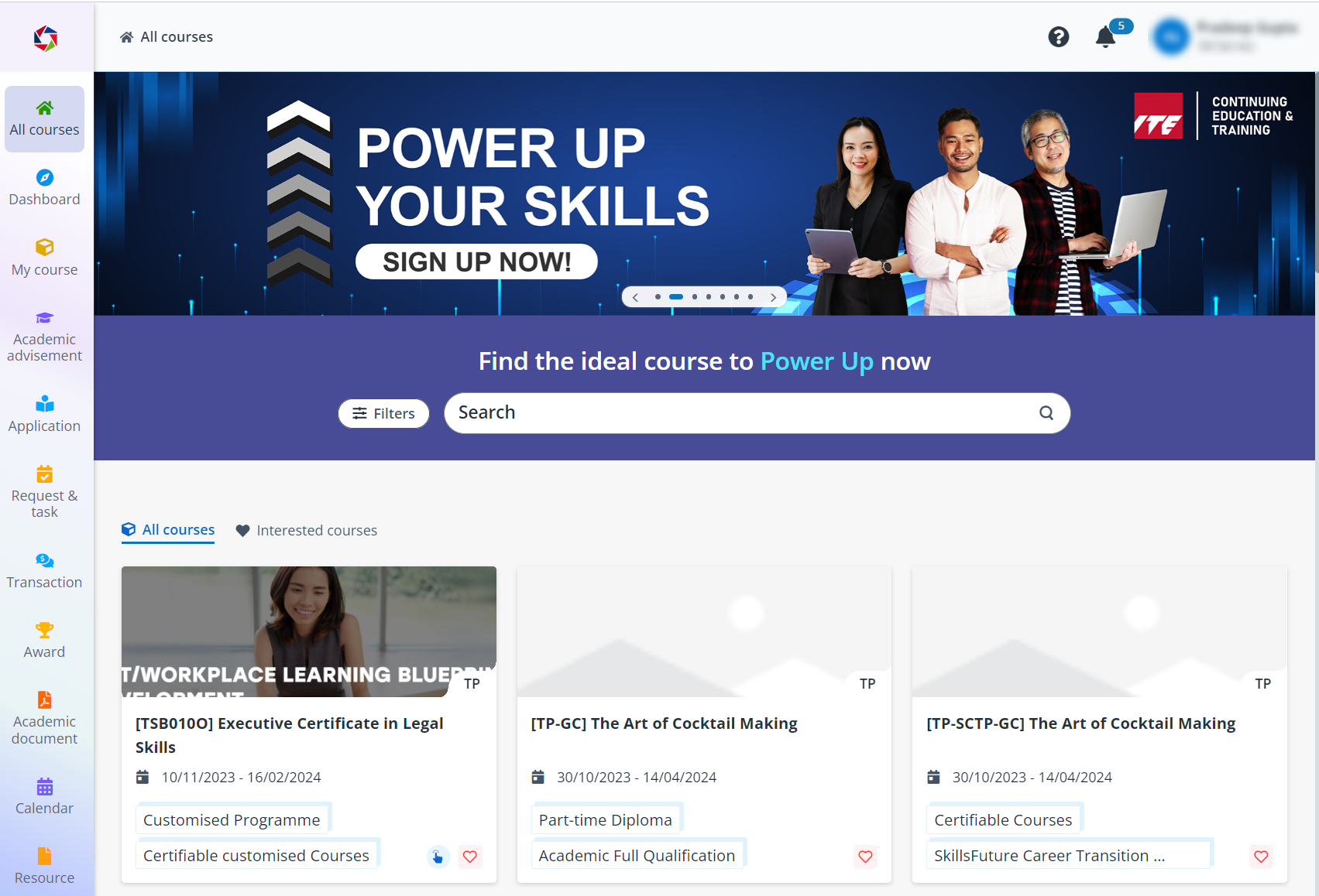 The All courses page. The All courses page.