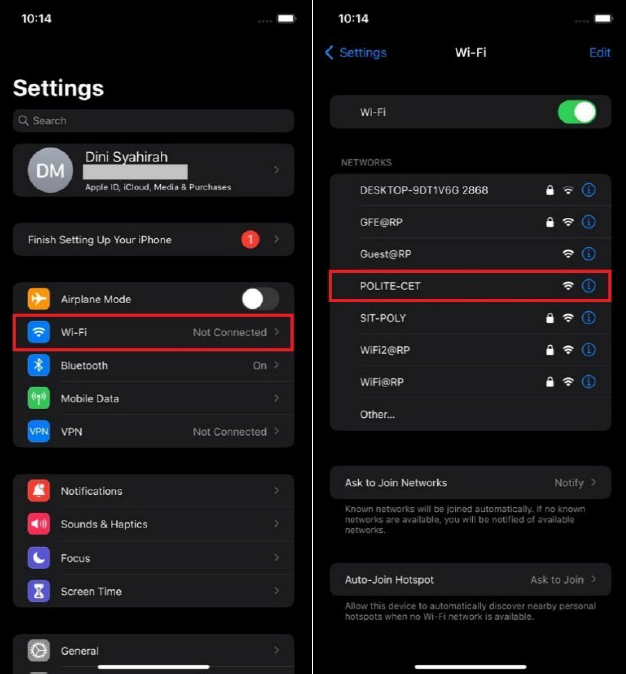 Find POLITE-CET in your Wi-Fi setup list. Find POLITE-CET in your Wi-Fi setup list.